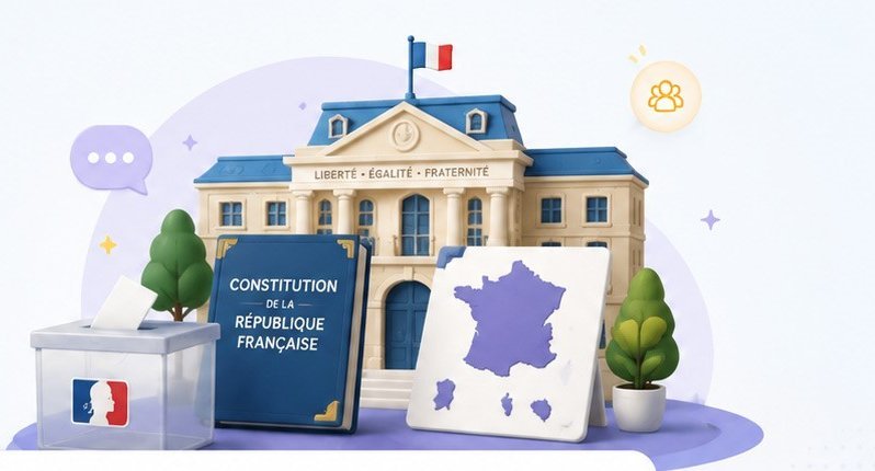 Illustration : bâtiment officiel de la République française, urne électorale, Constitution et carte de France